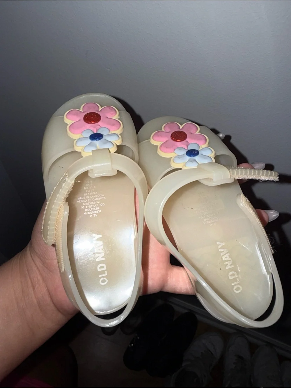 Old Navy Cream Girls' Jelly Mary Janes with Pink & Blue Flower Accents